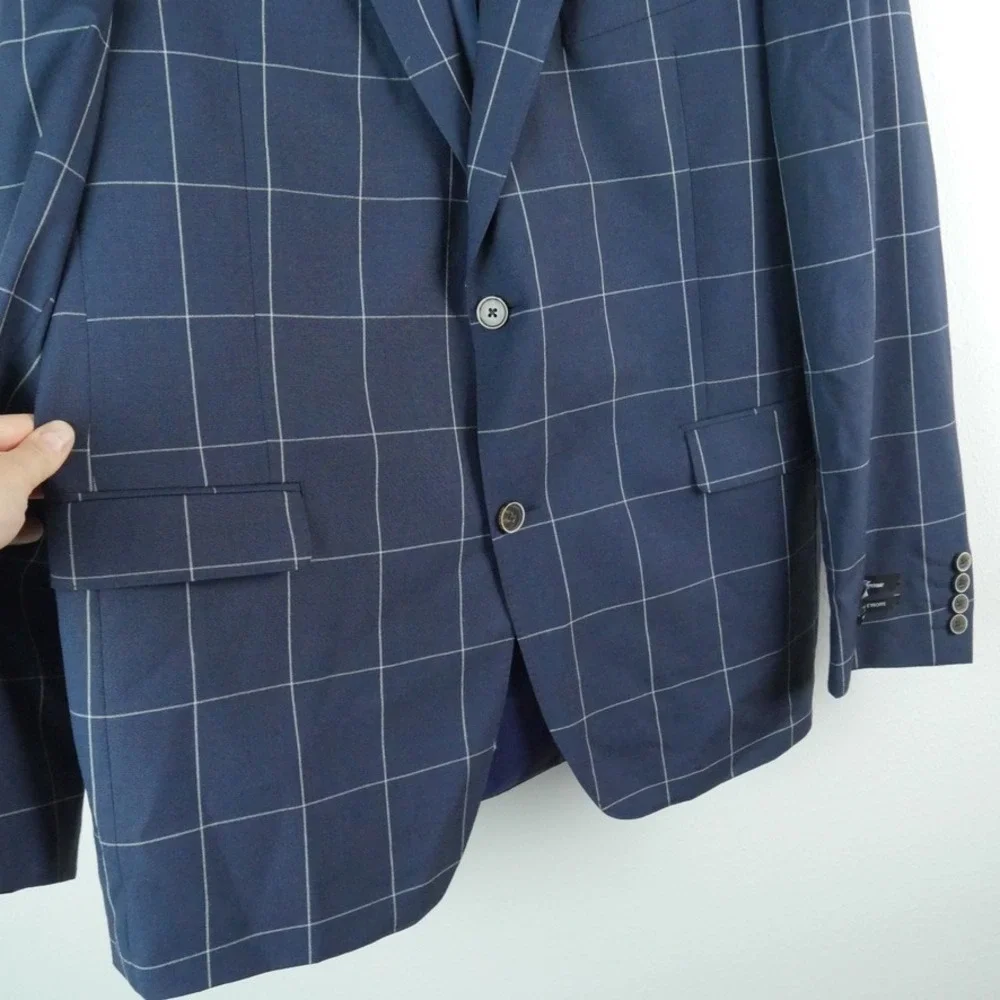 Saks Fifth Avenue Mens Navy Windowpane Silk Wool Slim Fit Blazer Sport Coat 44R